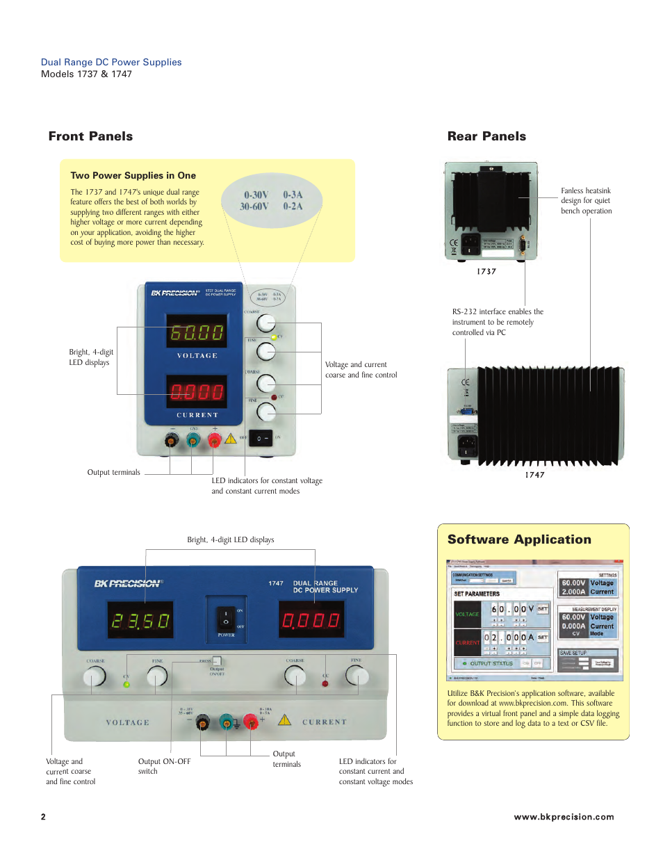 Rear panels, Front panels, Software application | B&K Precision 1737 - Datasheet User Manual | Page 2 / 3