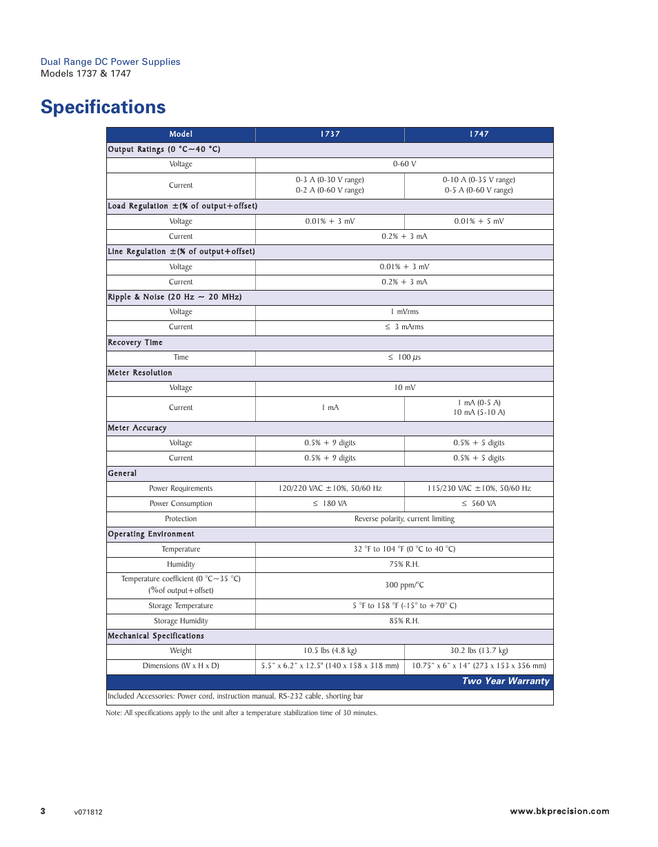 Specifications | B&K Precision 1737 - Datasheet User Manual | Page 3 / 3