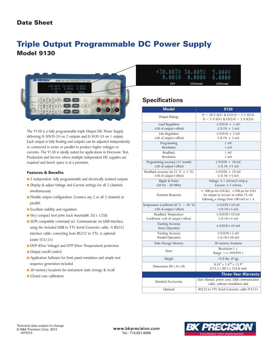 B&K Precision 9130 - Datasheet User Manual | 1 page