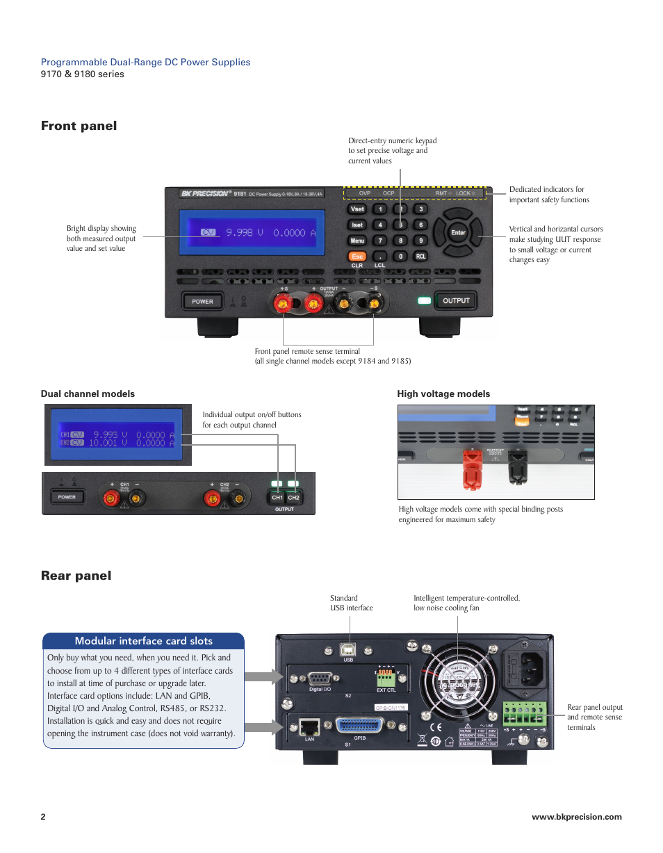 Front panel rear panel | B&K Precision 9180 Series - Datasheet User Manual | Page 2 / 6