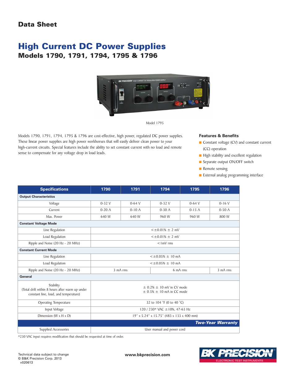 B&K Precision 1796 - Datasheet User Manual | 1 page