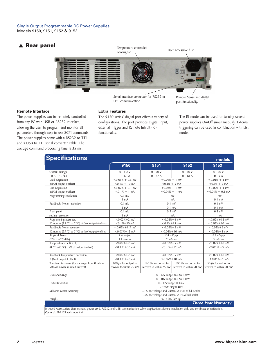 Specifications, Rear panel | B&K Precision 9150-9153 - Datasheet User Manual | Page 2 / 2