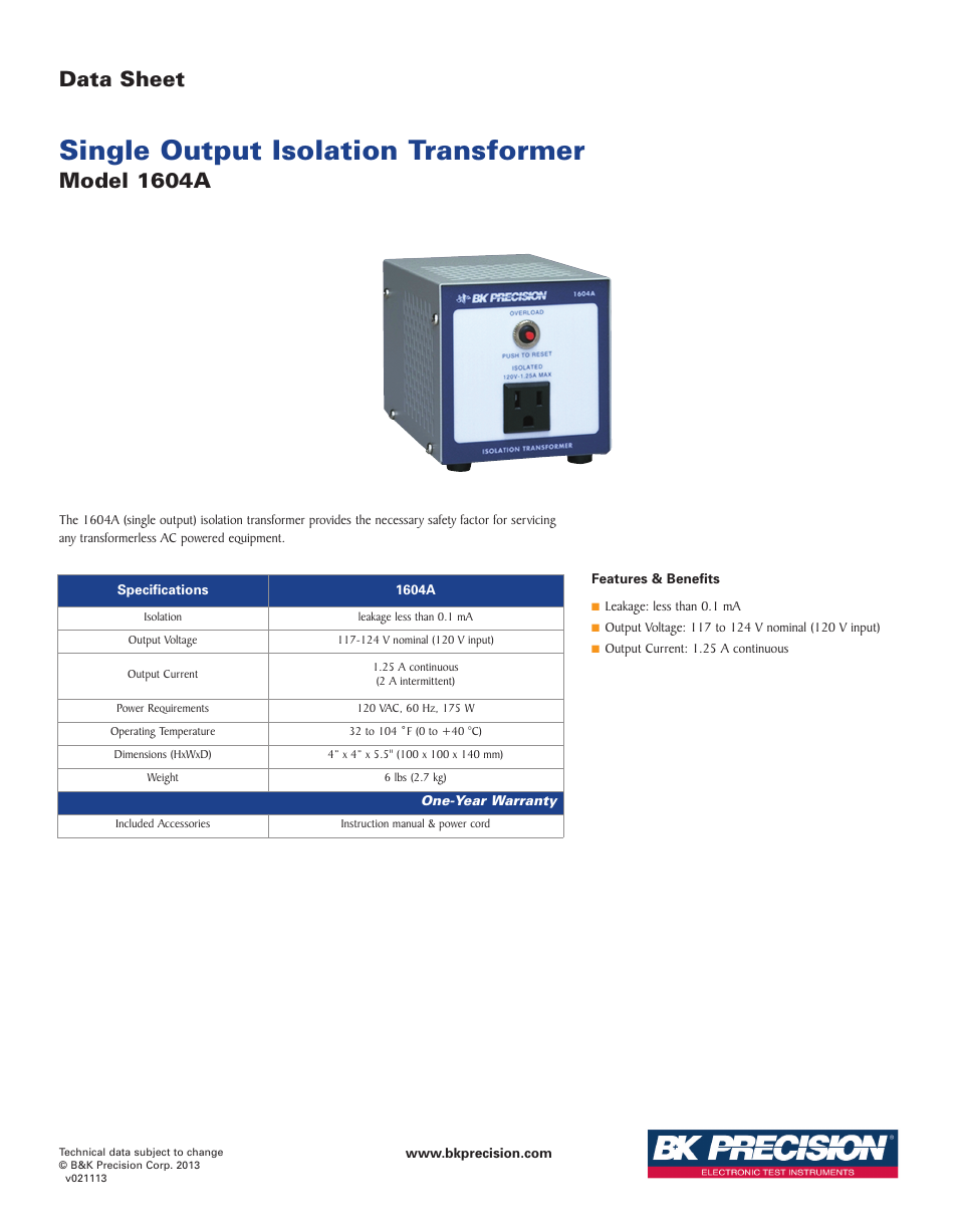 B&K Precision 1604A - Datasheet User Manual | 1 page