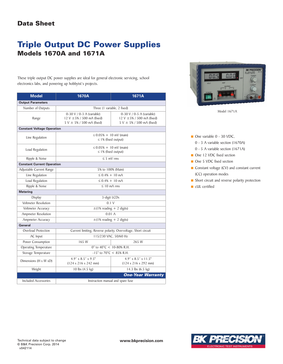 B&K Precision 1671A - Datasheet User Manual | 1 page