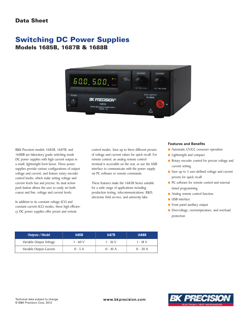 B&K Precision 1688B - Datasheet User Manual | 3 pages