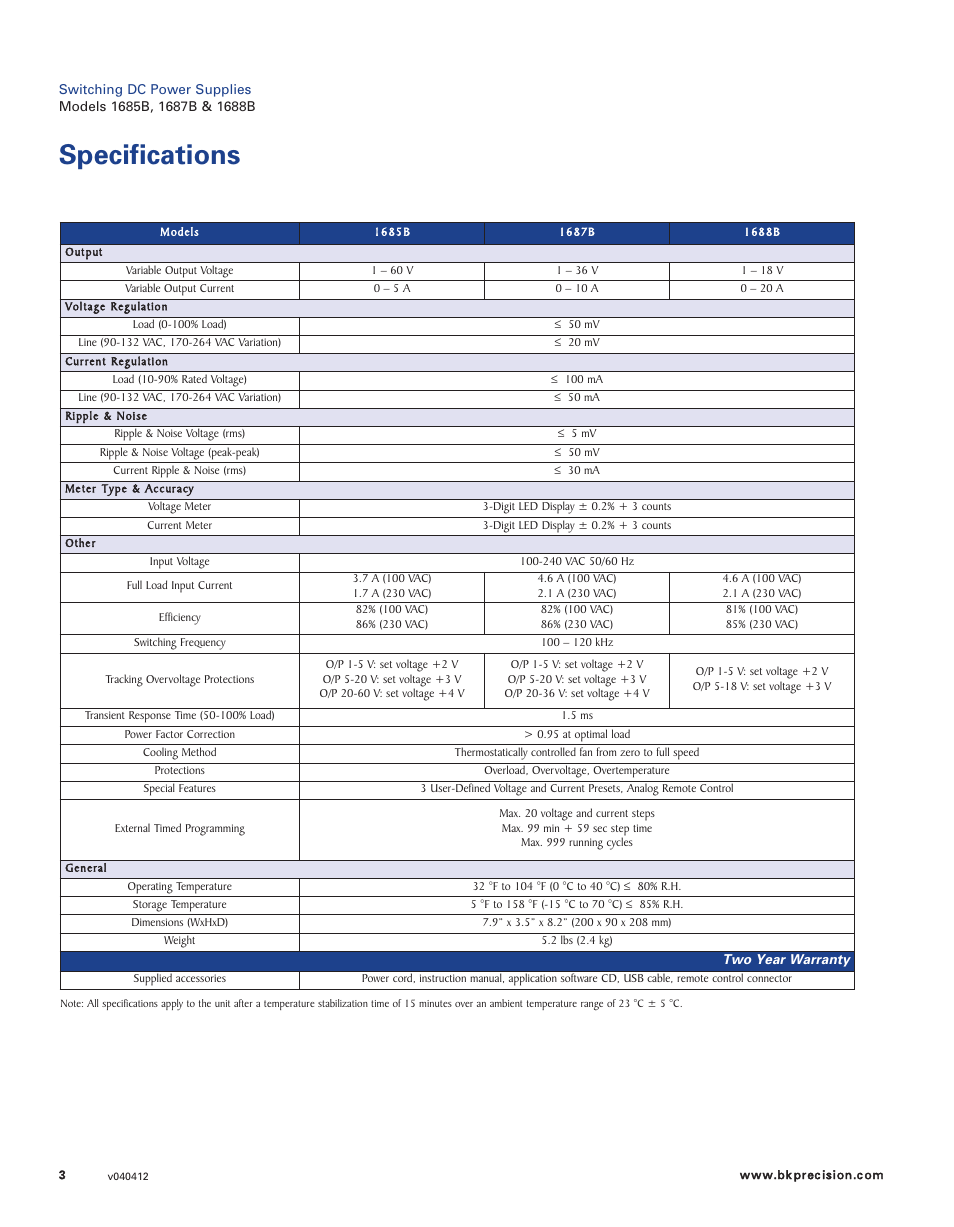 Specifications | B&K Precision 1688B - Datasheet User Manual | Page 3 / 3