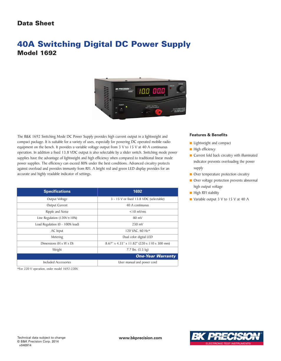 B&K Precision 1692 - Datasheet User Manual | 1 page