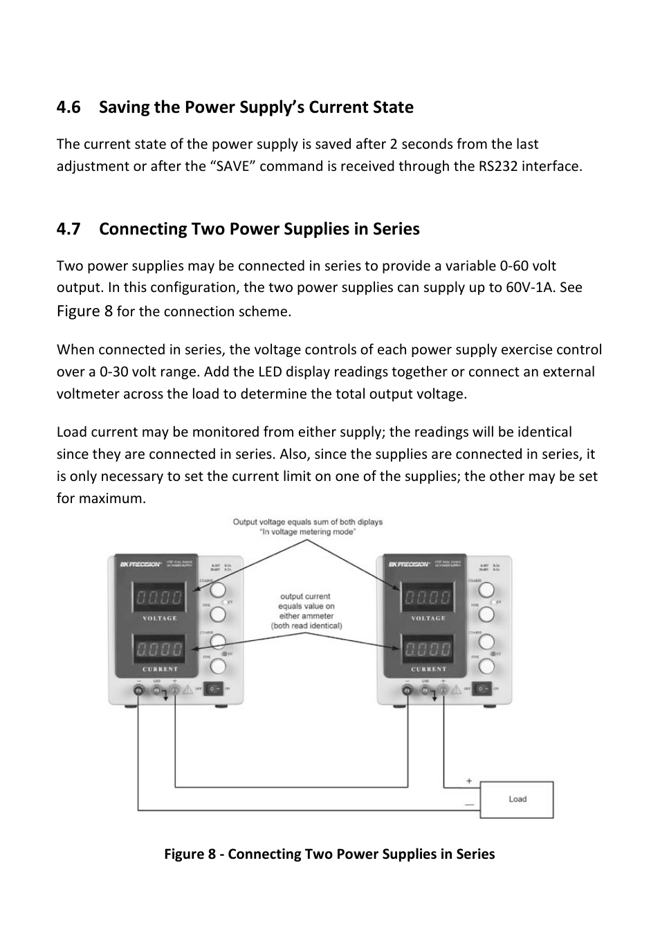 6 saving the power supply’s current state, 7 connecting two power supplies in series, Saving the power supply’s current state | Connecting two power supplies in series | B&K Precision 1739 - Manual User Manual | Page 18 / 36