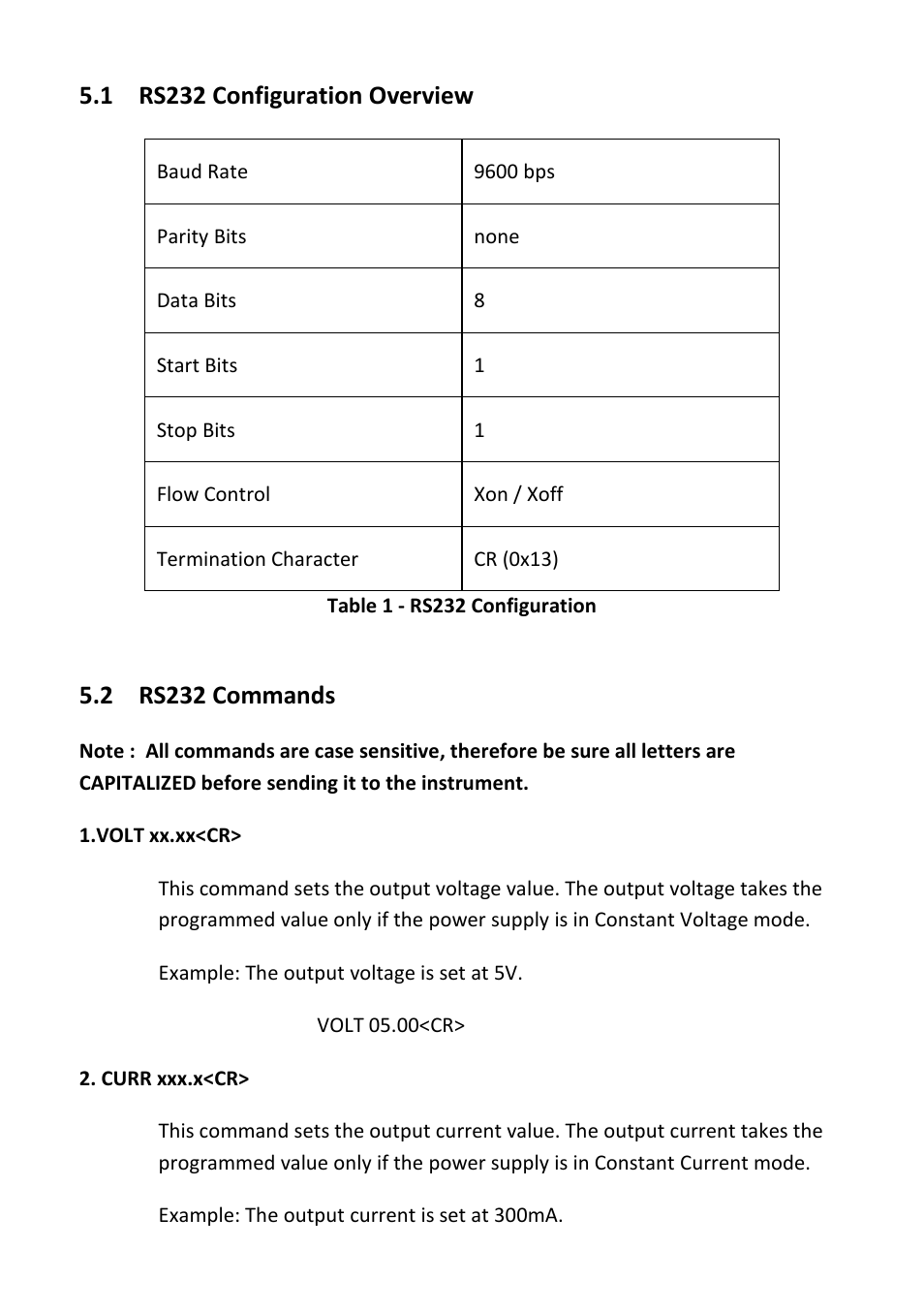 1 rs232 configuration overview, 2 rs232 commands, Rs232 configuration overview | Rs232 commands | B&K Precision 1739 - Manual User Manual | Page 21 / 36