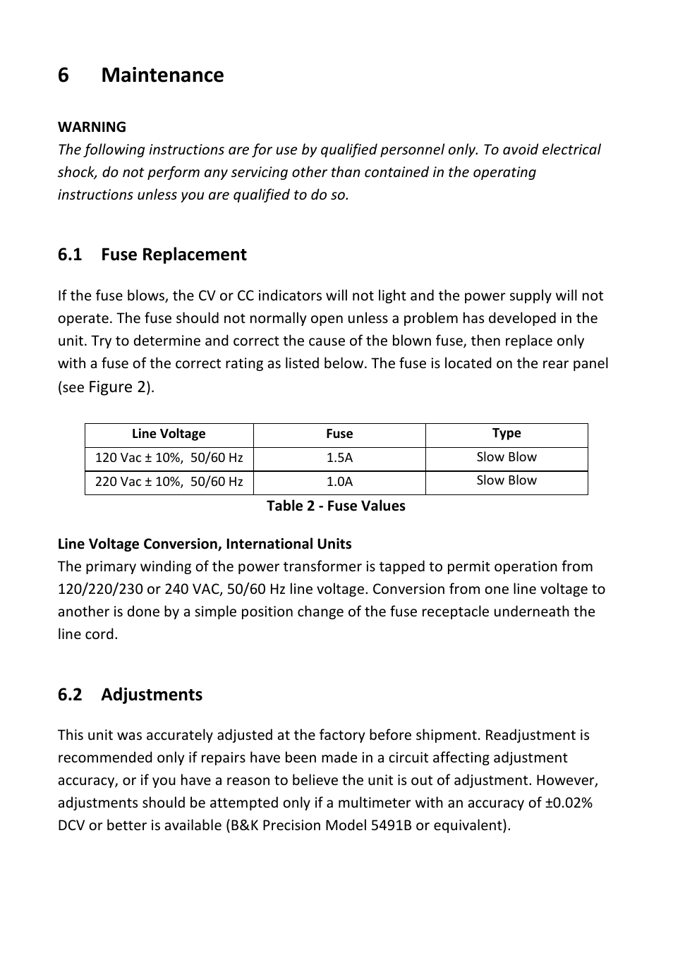 6 maintenance, 1 fuse replacement, 2 adjustments | Maintenance, Fuse replacement, Adjustments | B&K Precision 1739 - Manual User Manual | Page 23 / 36