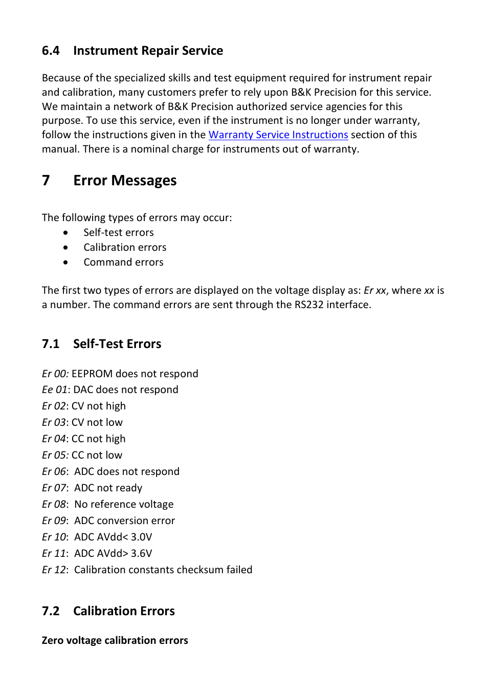 4 instrument repair service, 7 error messages, 1 self-test errors | 2 calibration errors, Instrument repair service, Error messages, Self-test errors, Calibration errors | B&K Precision 1739 - Manual User Manual | Page 29 / 36