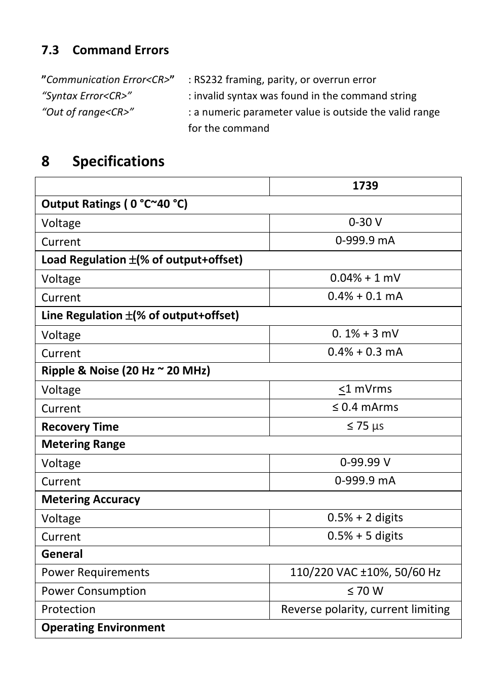 3 command errors, 8 specifications, Command errors | Specifications | B&K Precision 1739 - Manual User Manual | Page 31 / 36