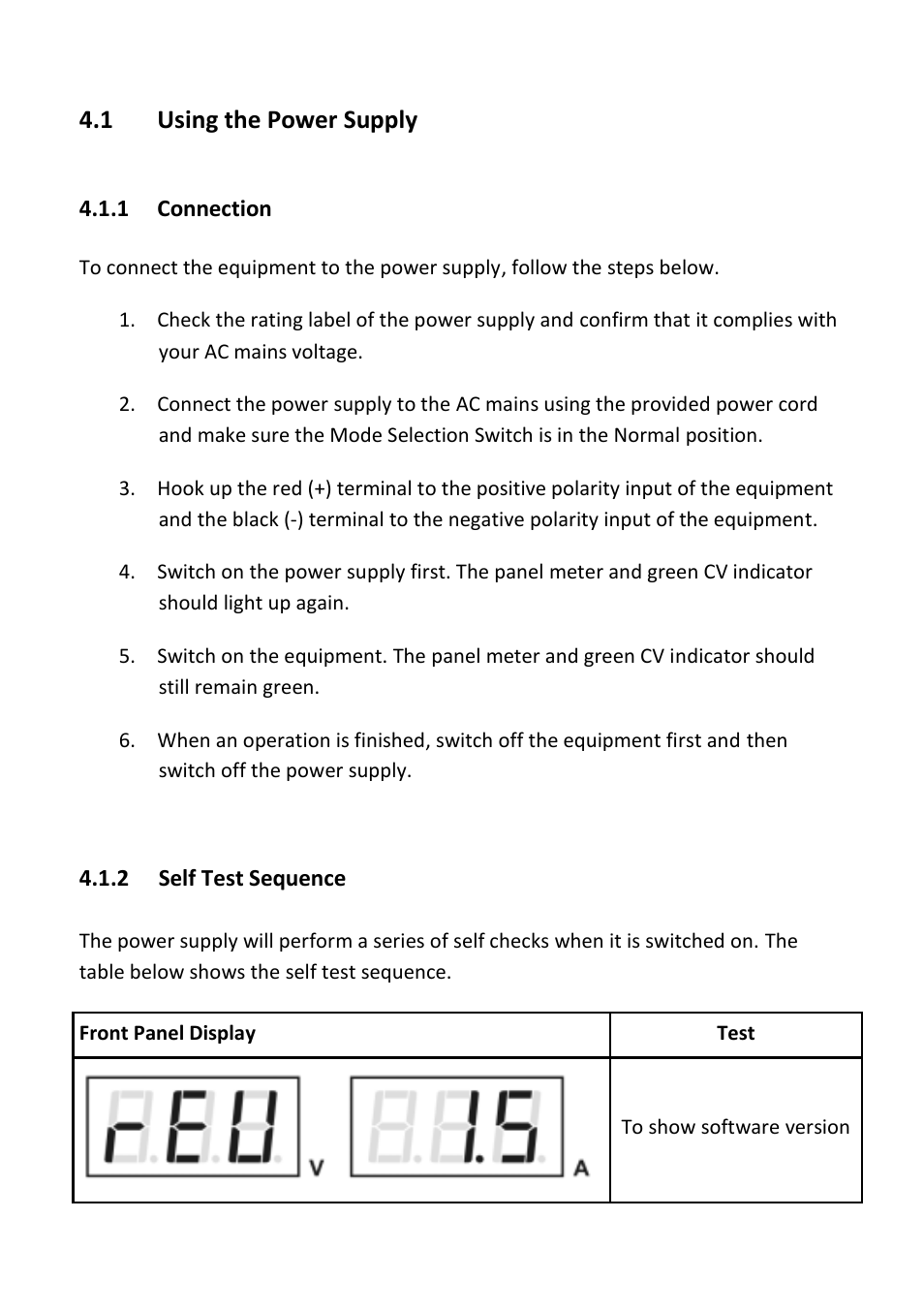Using the power supply, Connection, Self test sequence | 1 using the power supply | B&K Precision 1900-1901-1902 - Manual User Manual | Page 11 / 33