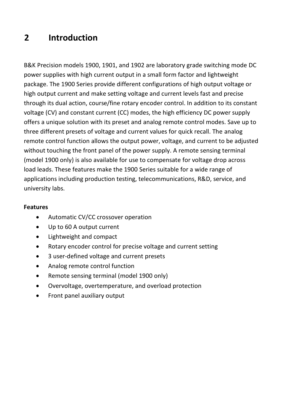 Introduction, 2introduction | B&K Precision 1900-1901-1902 - Manual User Manual | Page 7 / 33