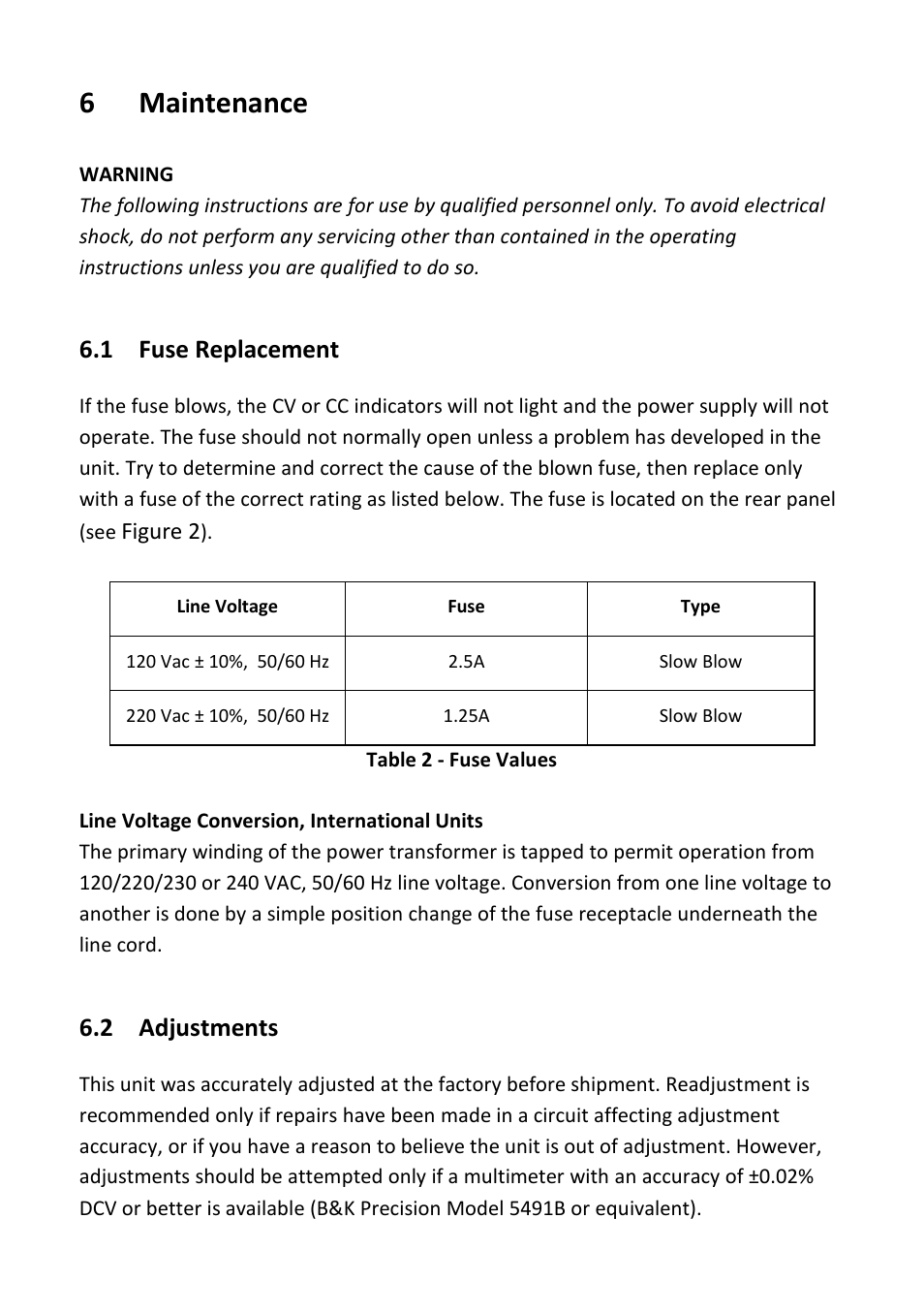 6 maintenance, 1 fuse replacement, 2 adjustments | Maintenance, Fuse replacement, Adjustments | B&K Precision 1737 - Manual User Manual | Page 22 / 36