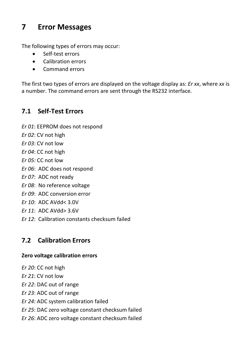 7 error messages, 1 self-test errors, 2 calibration errors | Error messages, Self-test errors, Calibration errors | B&K Precision 1737 - Manual User Manual | Page 29 / 36
