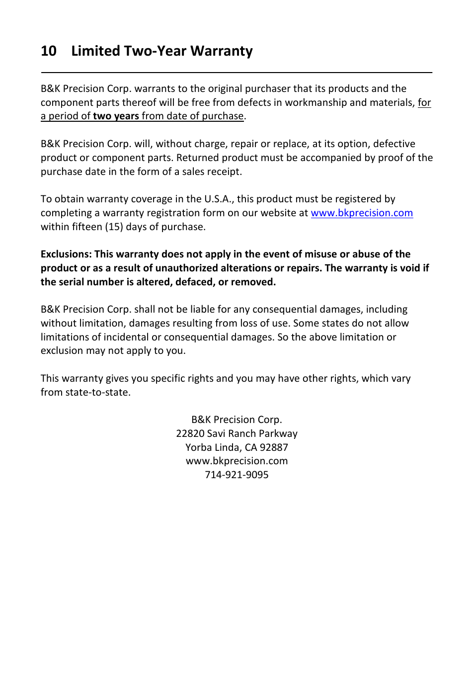 10 limited two-year warranty, Limited two-year warranty | B&K Precision 1737 - Manual User Manual | Page 34 / 36