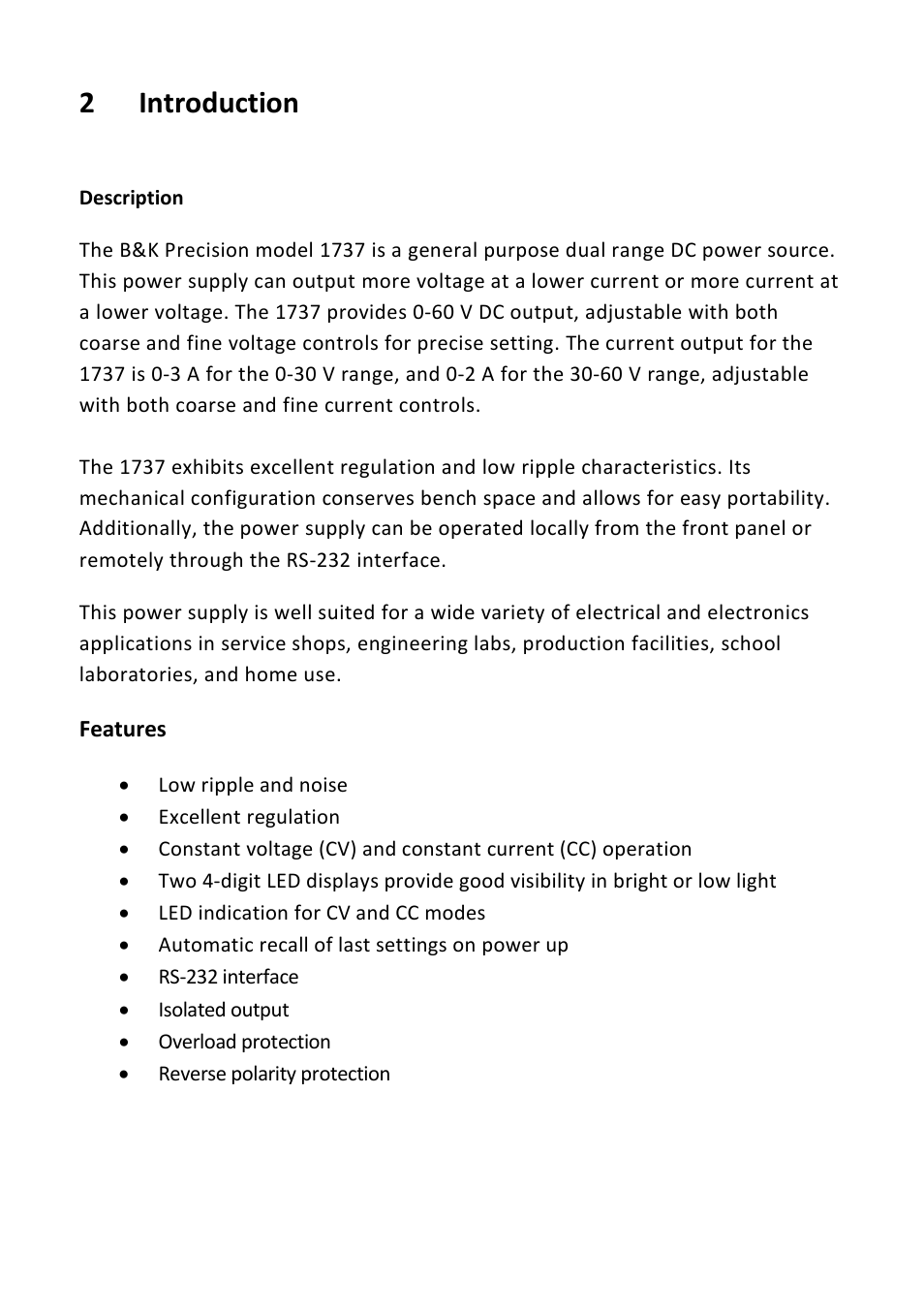 2 introduction, Automatic recall of last settings on power up, Rs-232 interface | Introduction | B&K Precision 1737 - Manual User Manual | Page 7 / 36