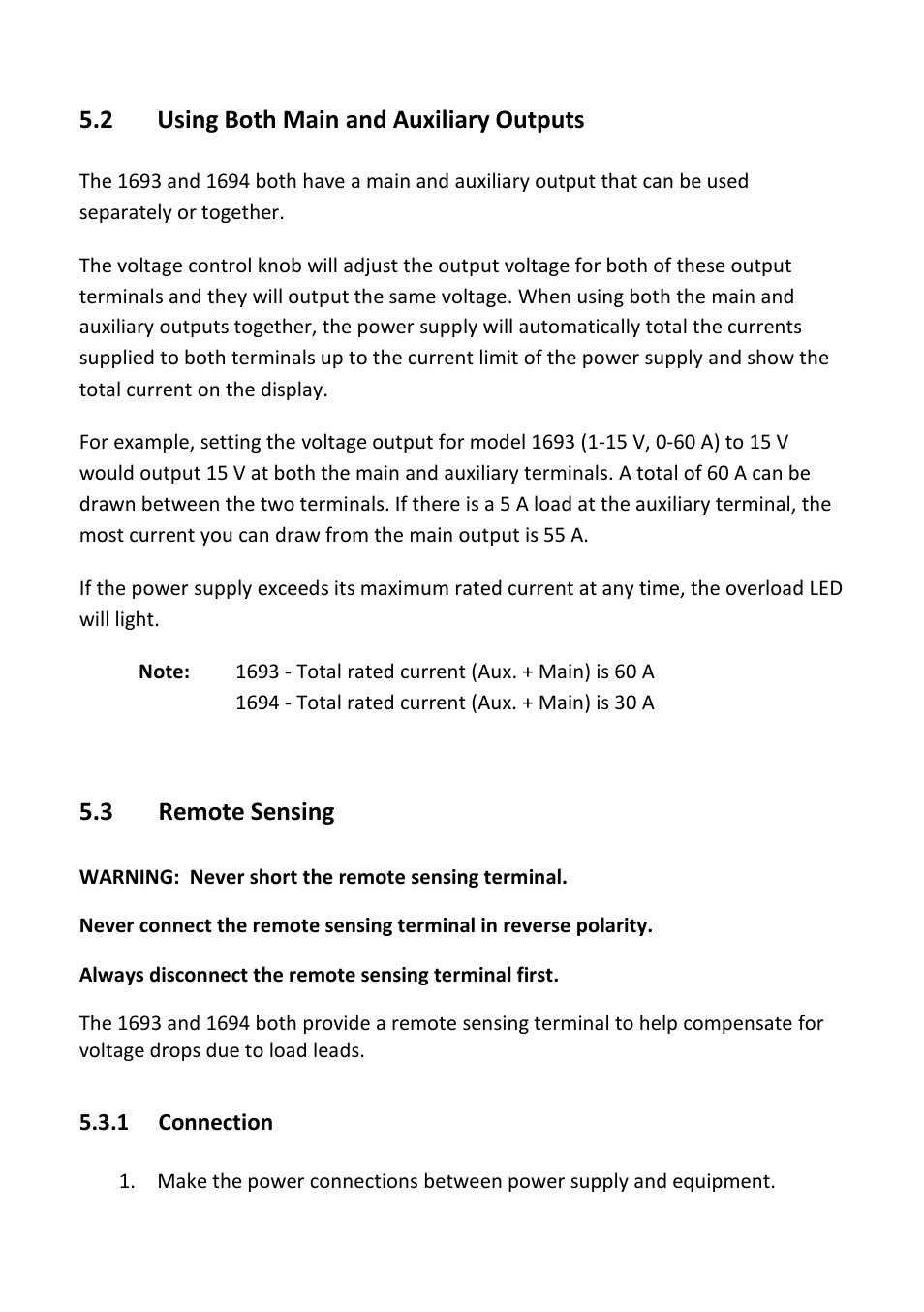 2 using both main and auxiliary outputs, 3 remote sensing, 1 connection | 2 using both main and auxiliary outputs 5.3, Remote sensing, Connection | B&K Precision 1693-1694 - Manual User Manual | Page 13 / 26