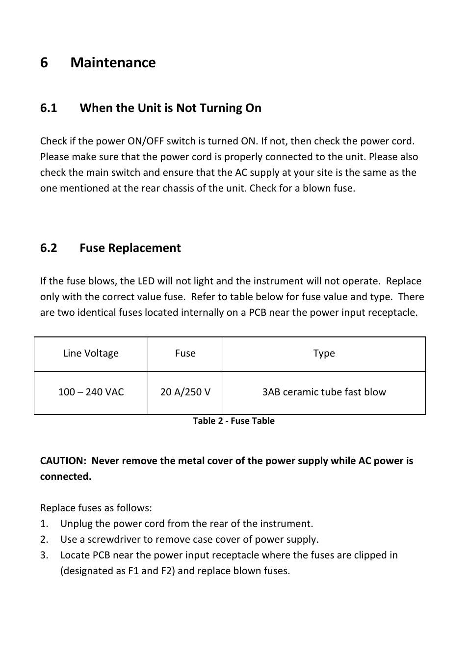 6 maintenance, 1 when the unit is not turning on, 2 fuse replacement | Maintenance, When the unit is not turning on, Fuse replacement | B&K Precision 1693-1694 - Manual User Manual | Page 18 / 26
