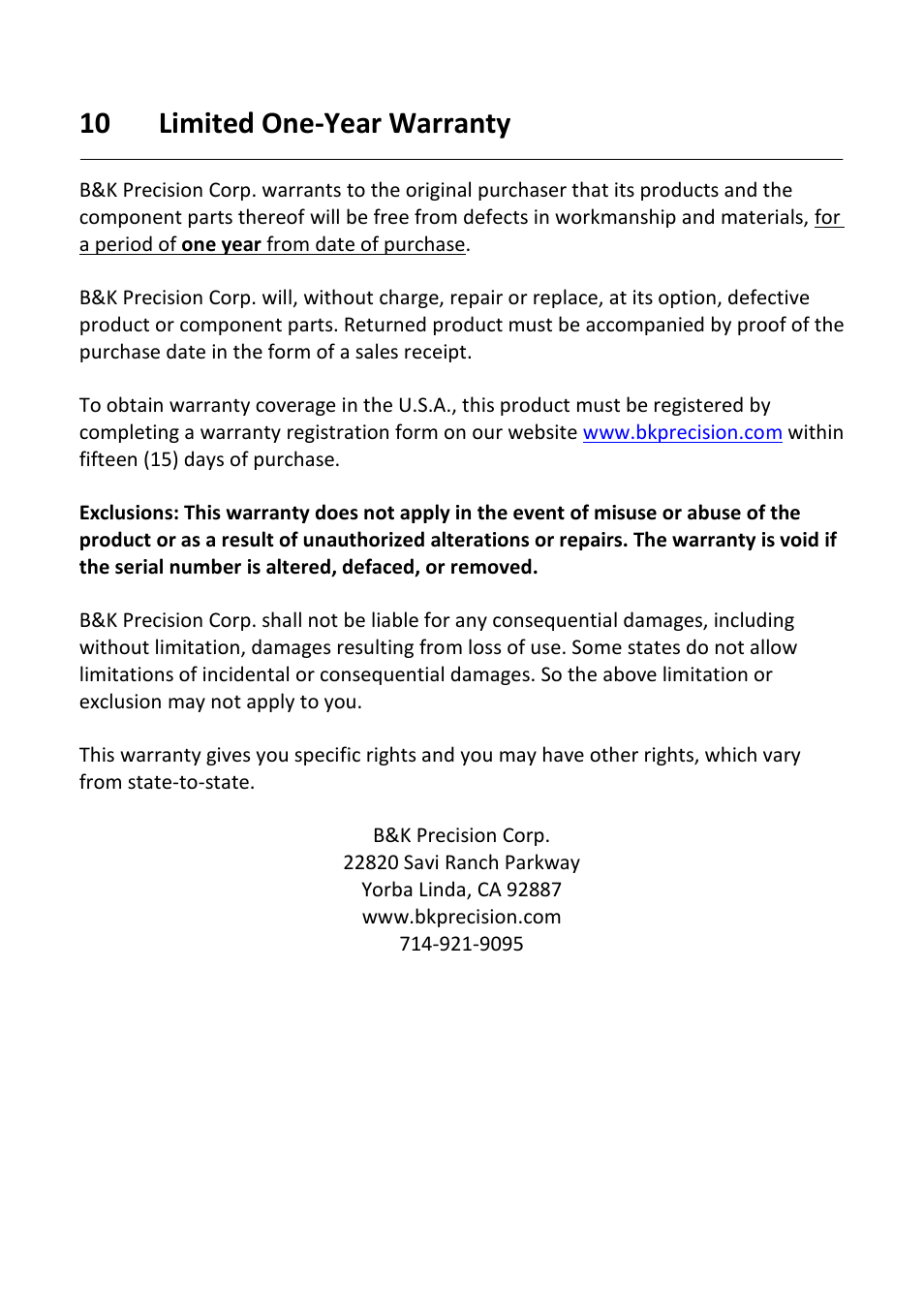 10 limited one-year warranty | B&K Precision 1693-1694 - Manual User Manual | Page 24 / 26