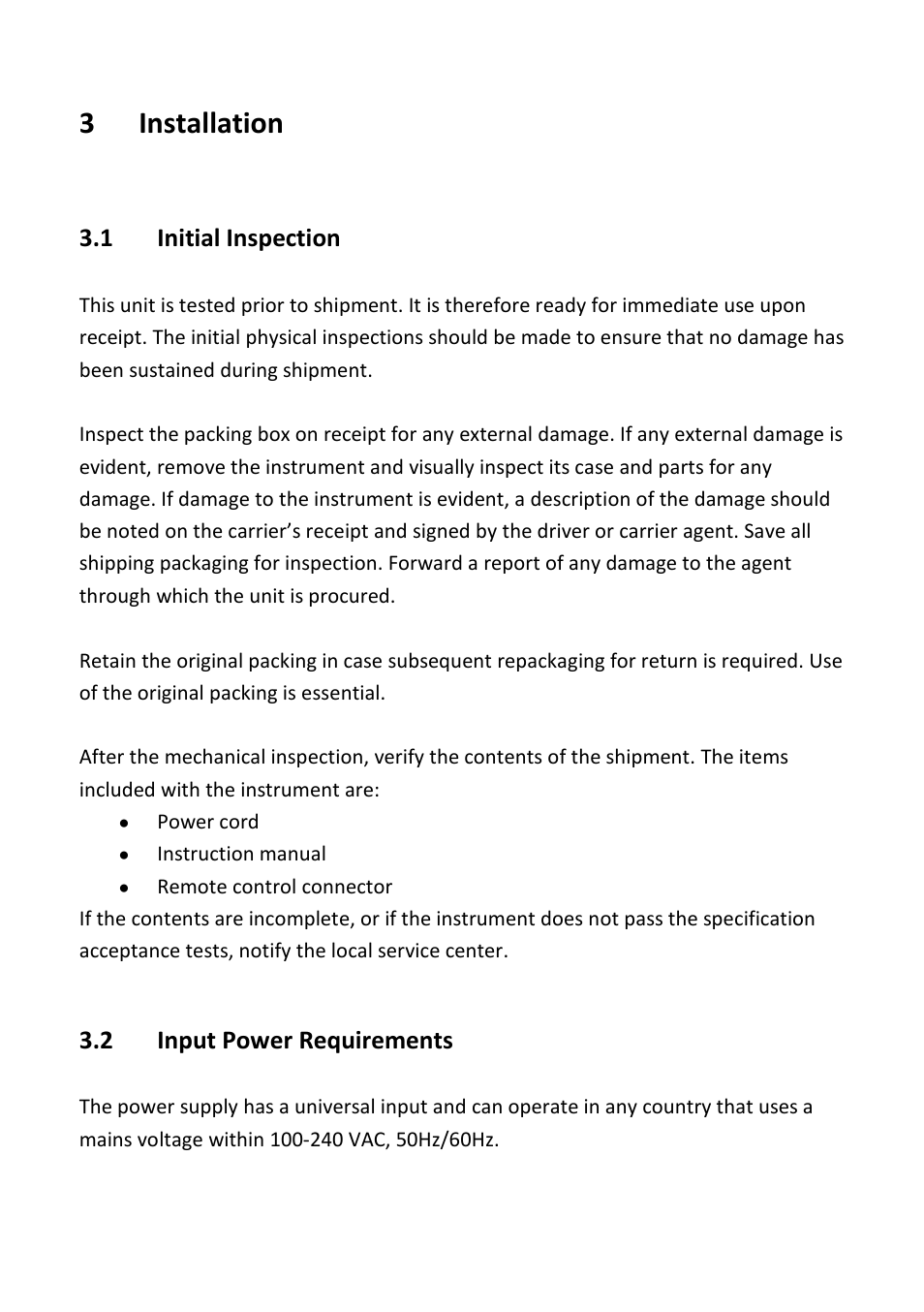 3 installation, 1 initial inspection, 2 input power requirements | Installation, Initial inspection, Input power requirements | B&K Precision 1693-1694 - Manual User Manual | Page 8 / 26