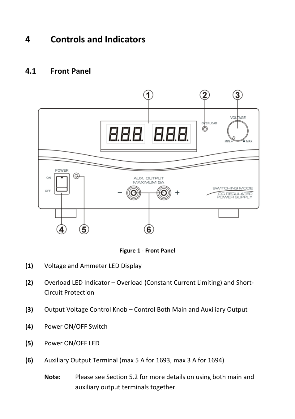 4 controls and indicators, 1 front panel, Controls and indicators | Front panel, 4controls and indicators | B&K Precision 1693-1694 - Manual User Manual | Page 9 / 26