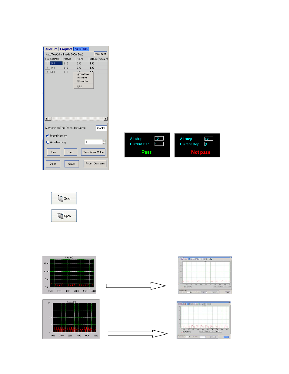 Go/ng test function, 5 save and open, 6 present voltage/current chart | B&K Precision 1785B - Manual User Manual | Page 35 / 38