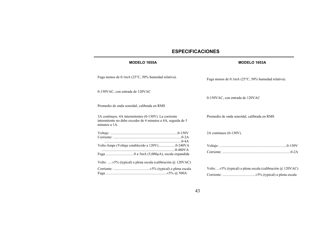 Especificaciones | B&K Precision 1655A - Manual User Manual | Page 45 / 81