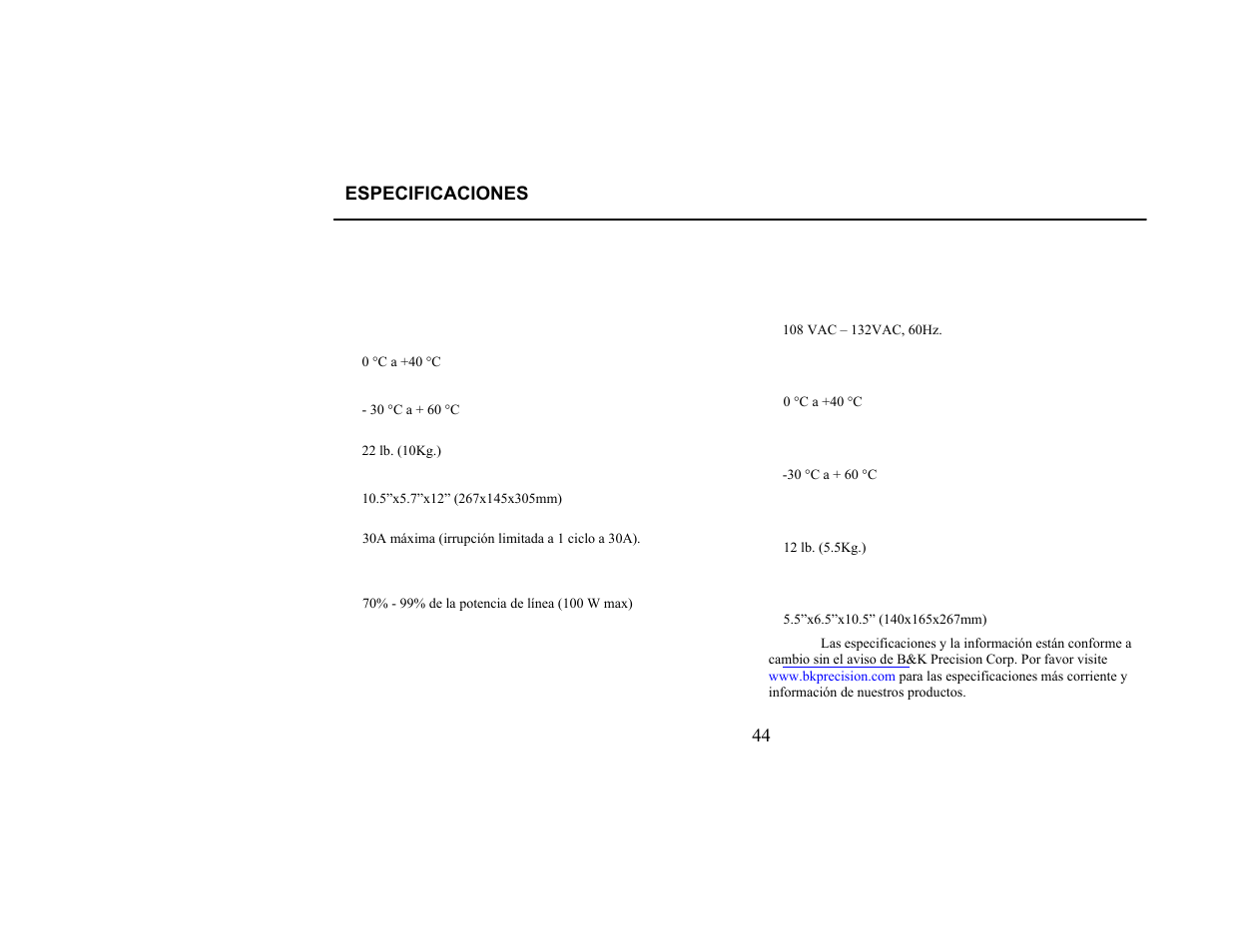 Especificaciones | B&K Precision 1655A - Manual User Manual | Page 46 / 81