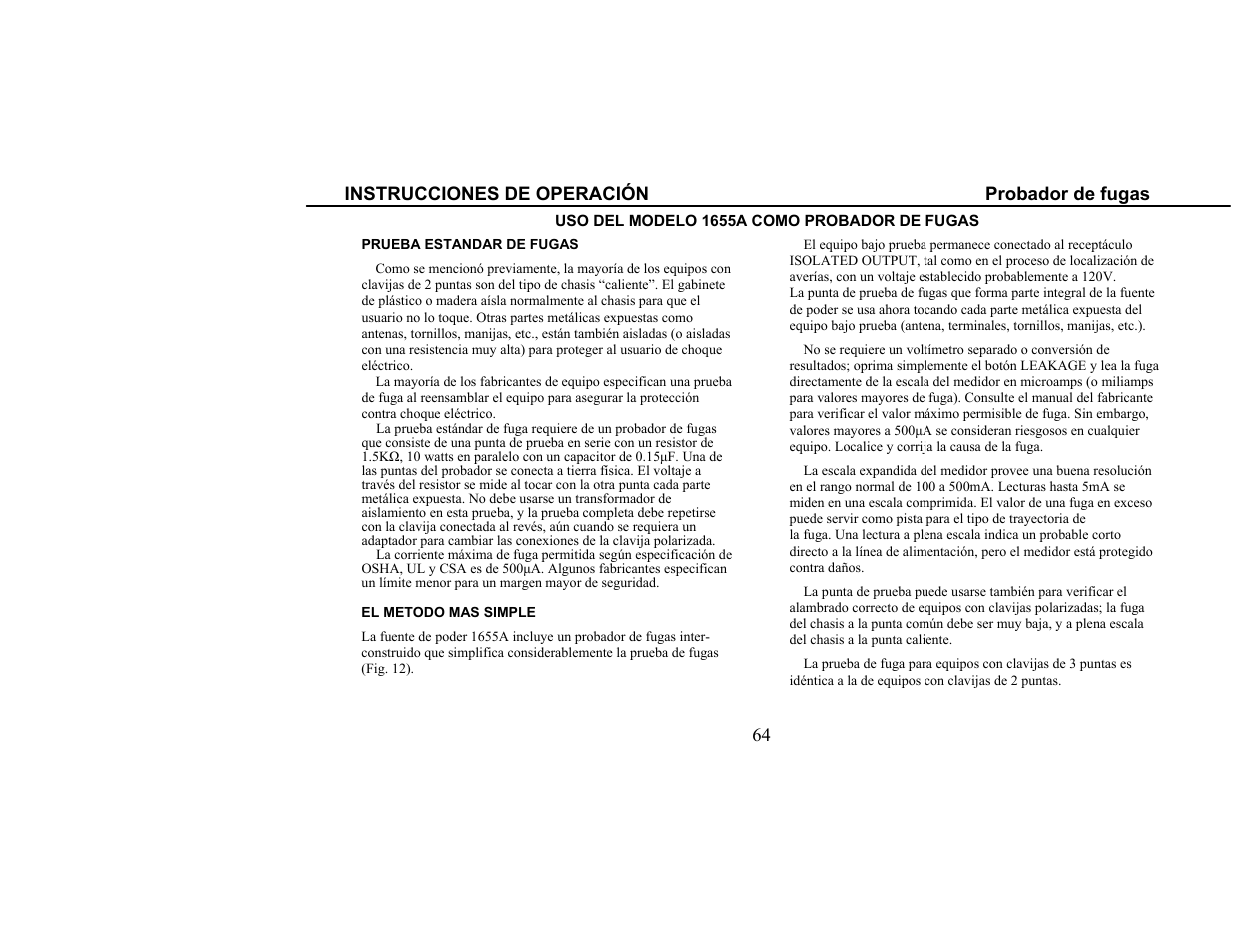 Instrucciones de operación probador de fugas | B&K Precision 1655A - Manual User Manual | Page 66 / 81