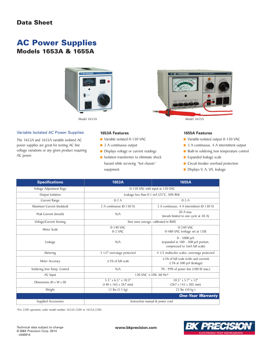 B&K Precision 1655A - Datasheet User Manual | 1 page