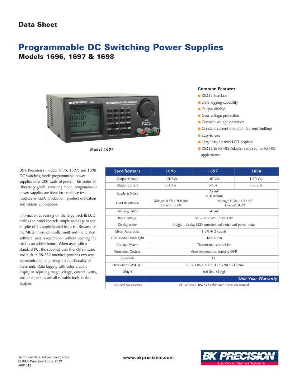 B&K Precision 1696-1698 - Datasheet User Manual | 1 page