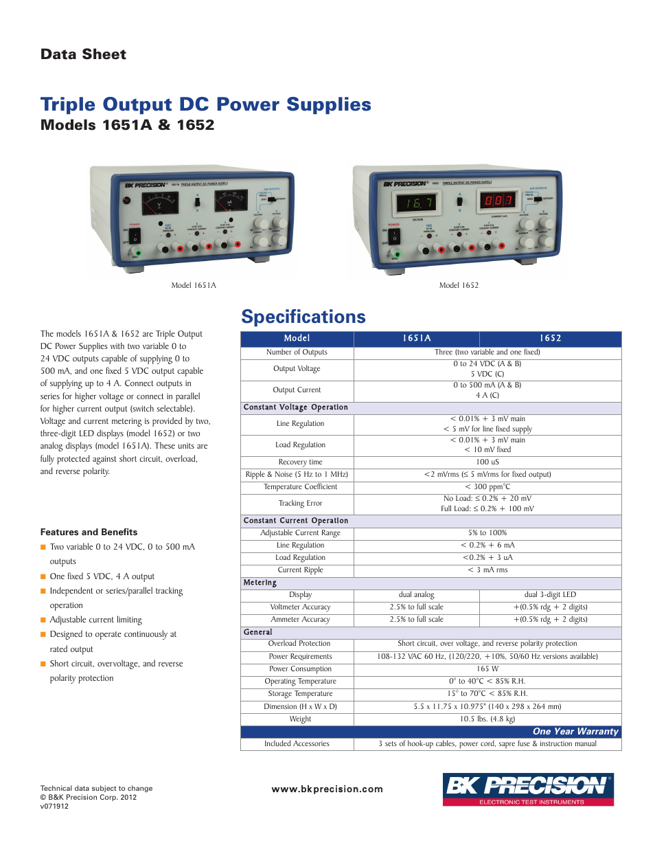 B&K Precision 1652 - Datasheet User Manual | 1 page