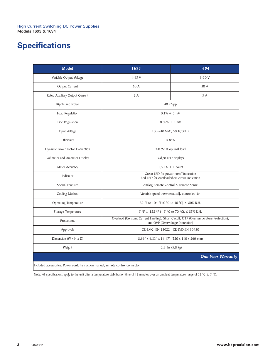 Specifications | B&K Precision 1693-1694 - Datasheet User Manual | Page 3 / 3