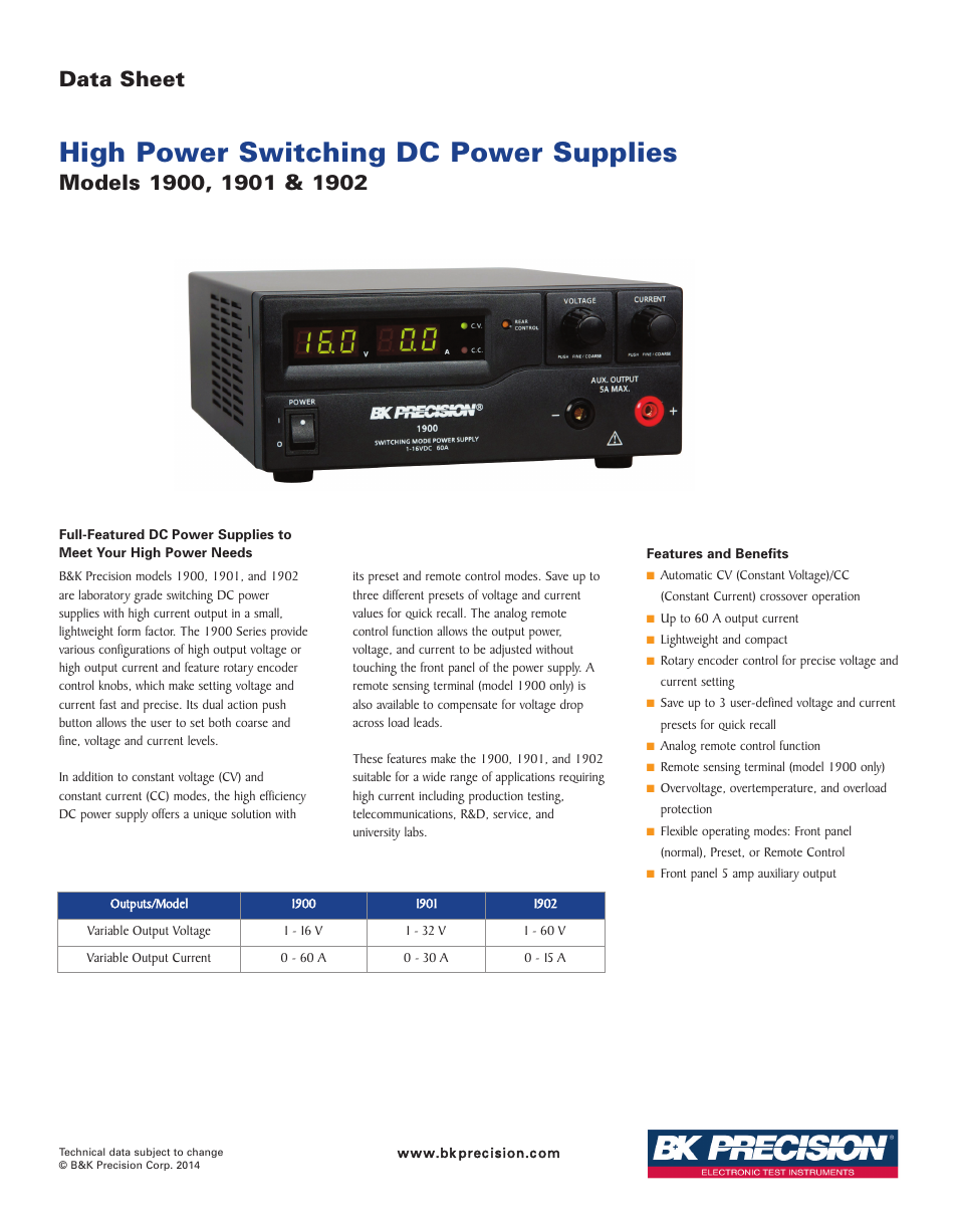 B&K Precision 1900-1901-1902 - Datasheet User Manual | 3 pages