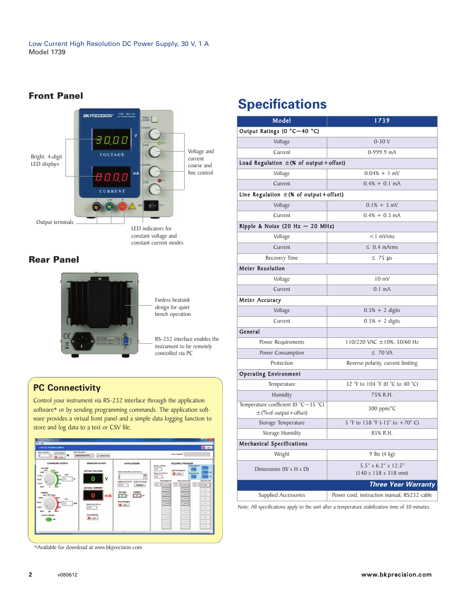 Specifications, Rear panel, Front panel | Pc connectivity | B&K Precision 1739 - Datasheet User Manual | Page 2 / 2