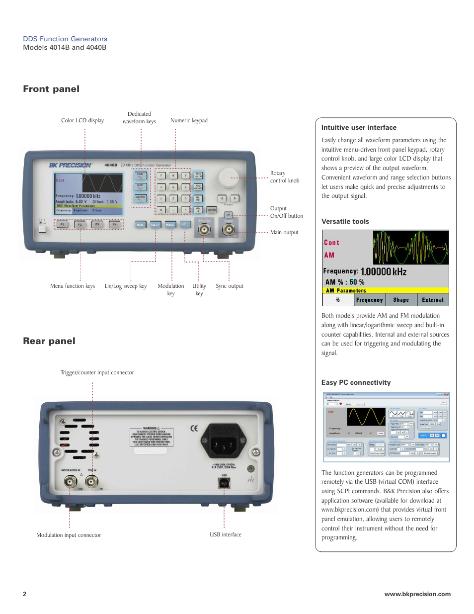 Front panel rear panel | B&K Precision 4014B - Datasheet User Manual | Page 2 / 3
