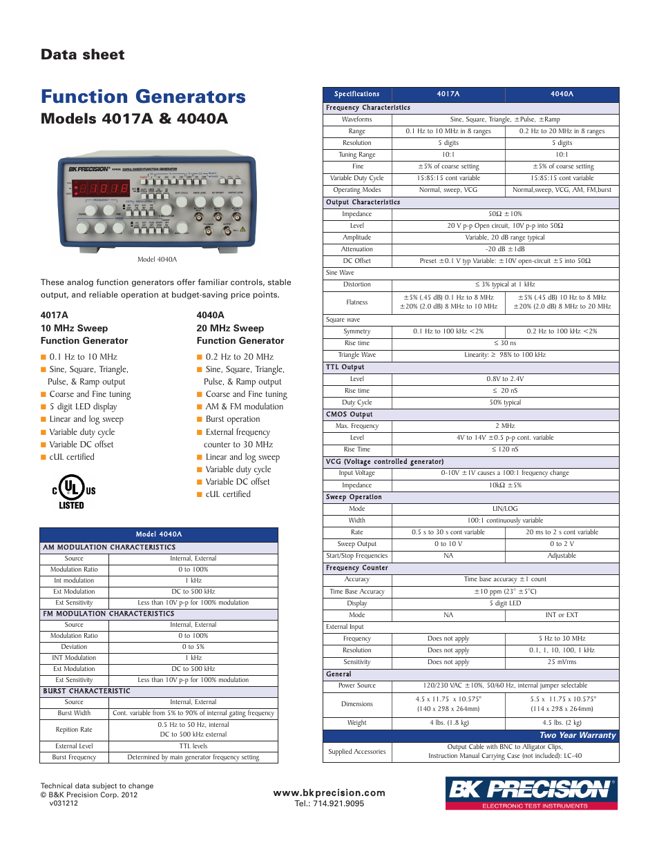 B&K Precision 4017A - Datasheet User Manual | 1 page