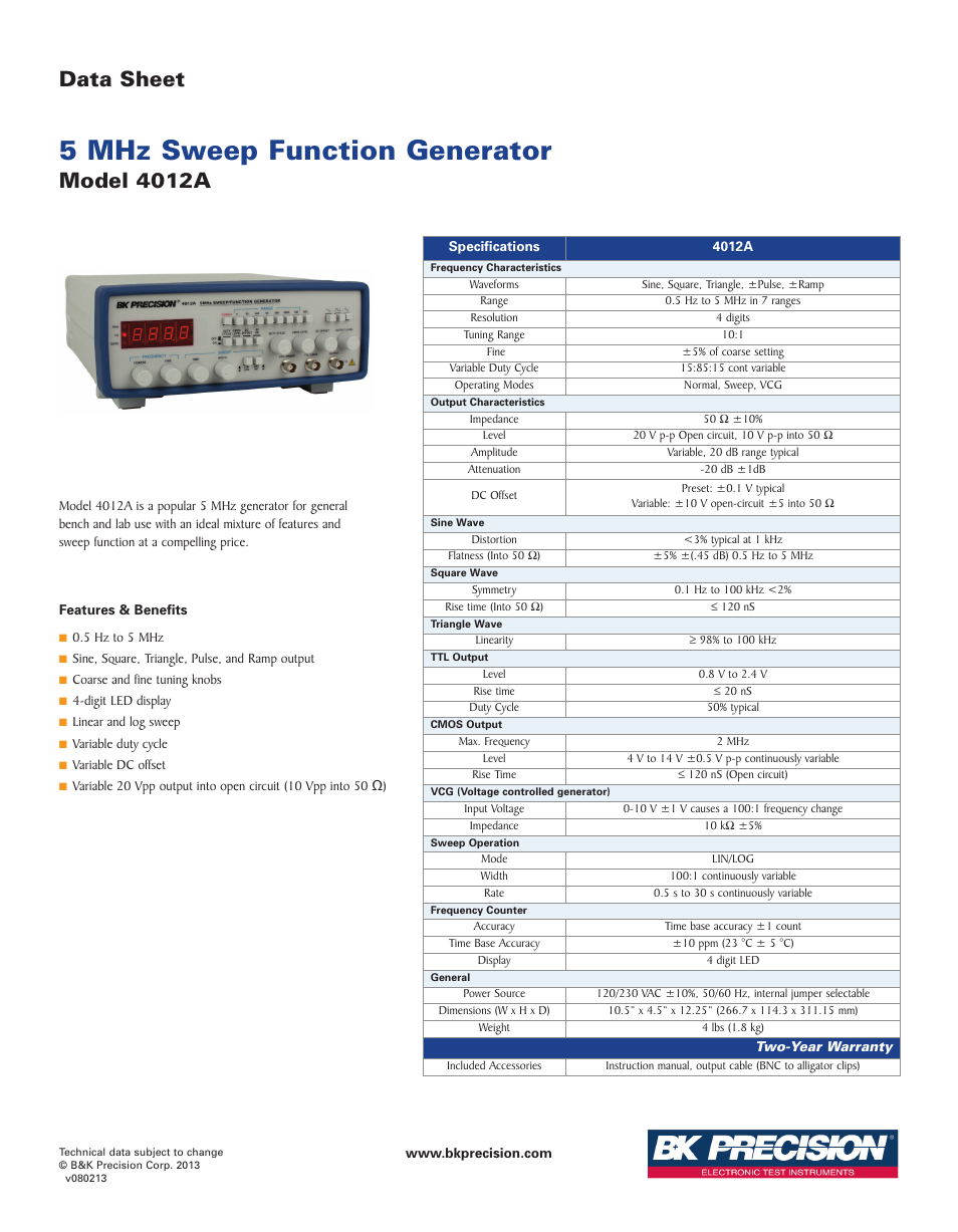 B&K Precision 4012A - Datasheet User Manual | 1 page