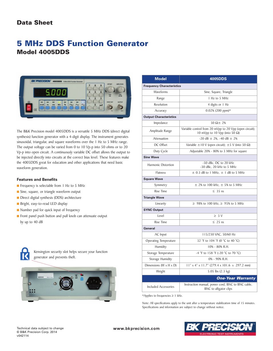 B&K Precision 4005DDS - Datasheet User Manual | 1 page