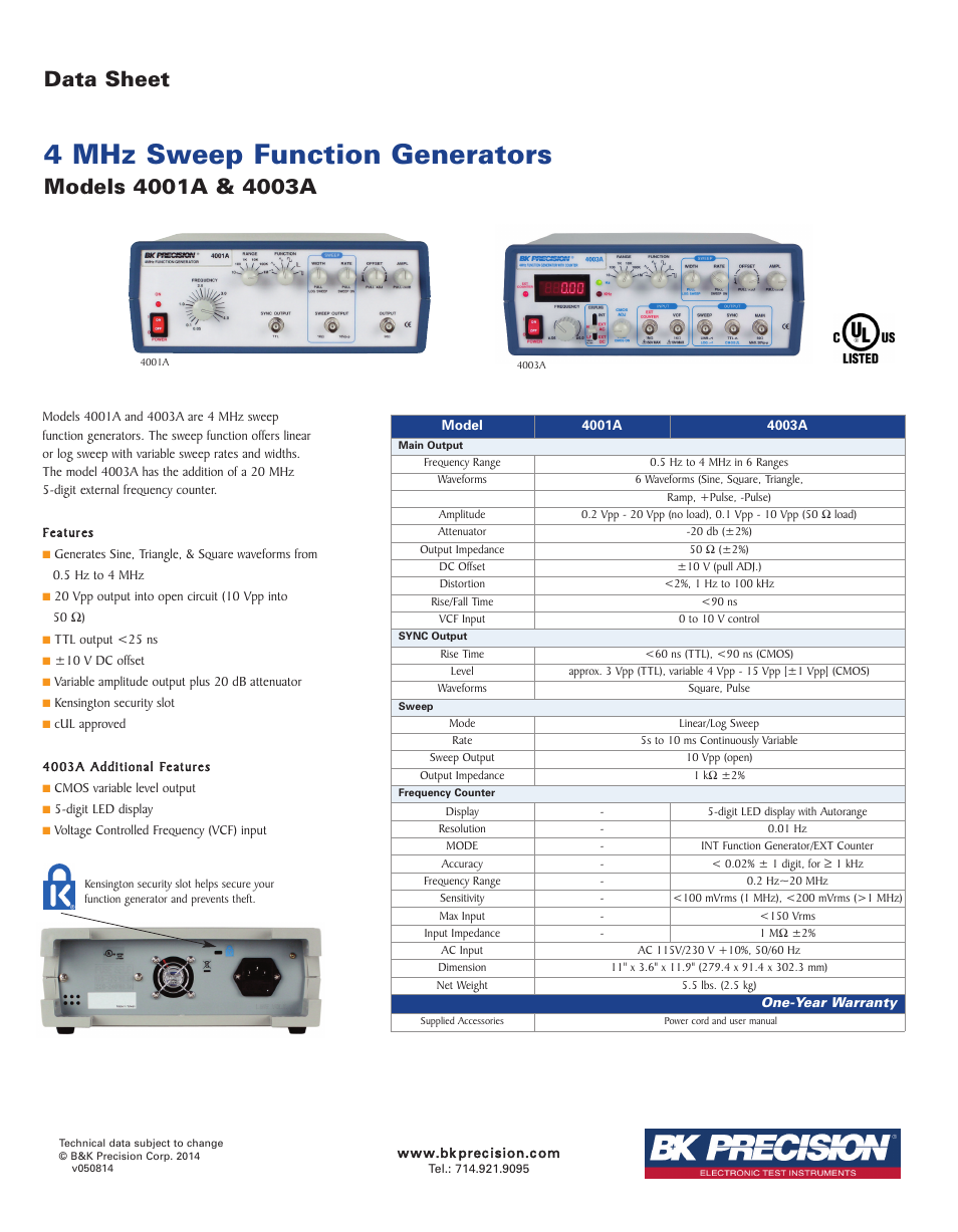 B&K Precision 4001A - Datasheet User Manual | 1 page