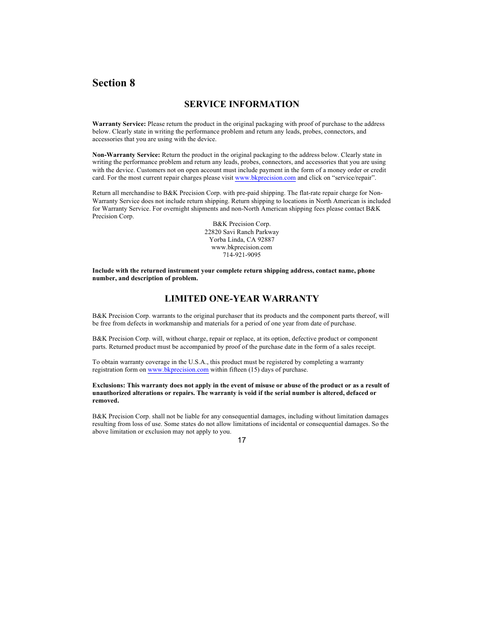Service information, Limited one-year warranty | B&K Precision 4003A - Manual User Manual | Page 17 / 19