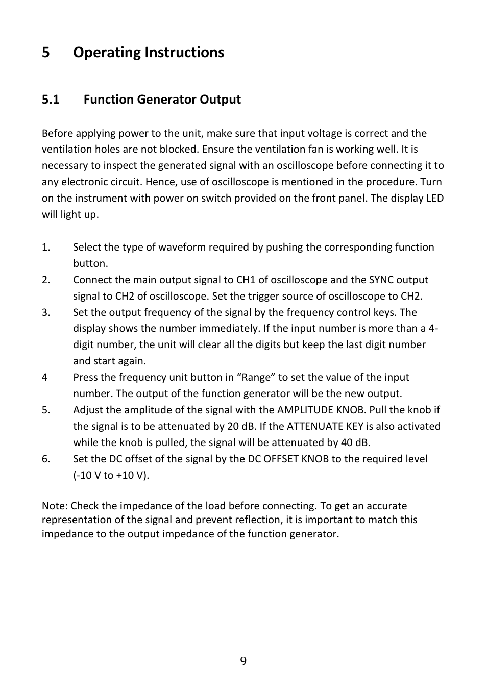 Operating instructions, Function generator output, 5operating instructions | 1 function generator output | B&K Precision 4005DDS - Manual User Manual | Page 11 / 21