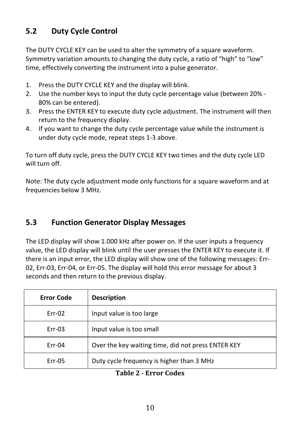Duty cycle control, Function generator display messages, 2 duty cycle control | 3 function generator display messages | B&K Precision 4005DDS - Manual User Manual | Page 12 / 21