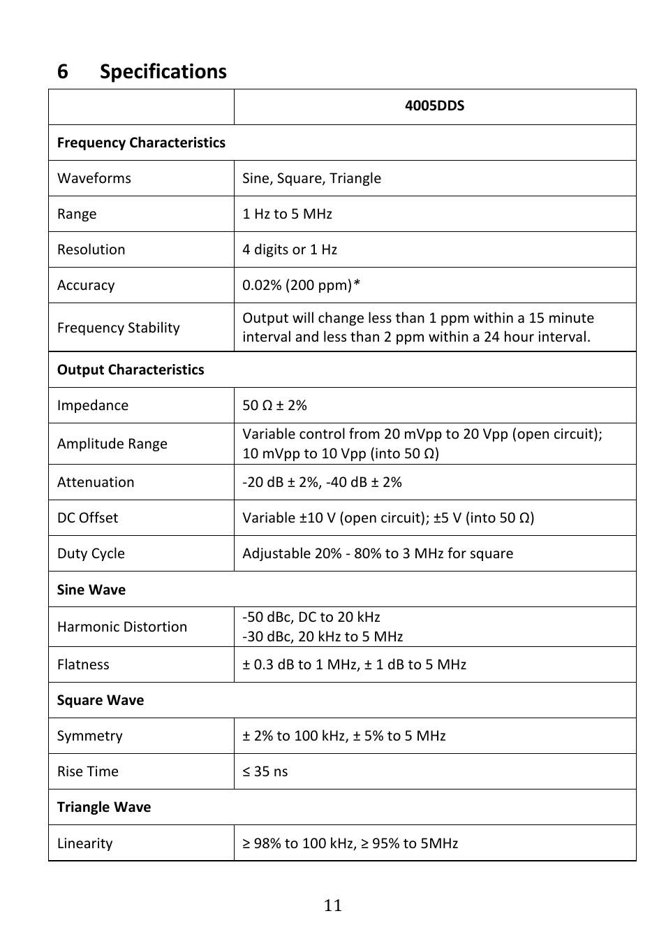 Specifications, 6specifications | B&K Precision 4005DDS - Manual User Manual | Page 13 / 21