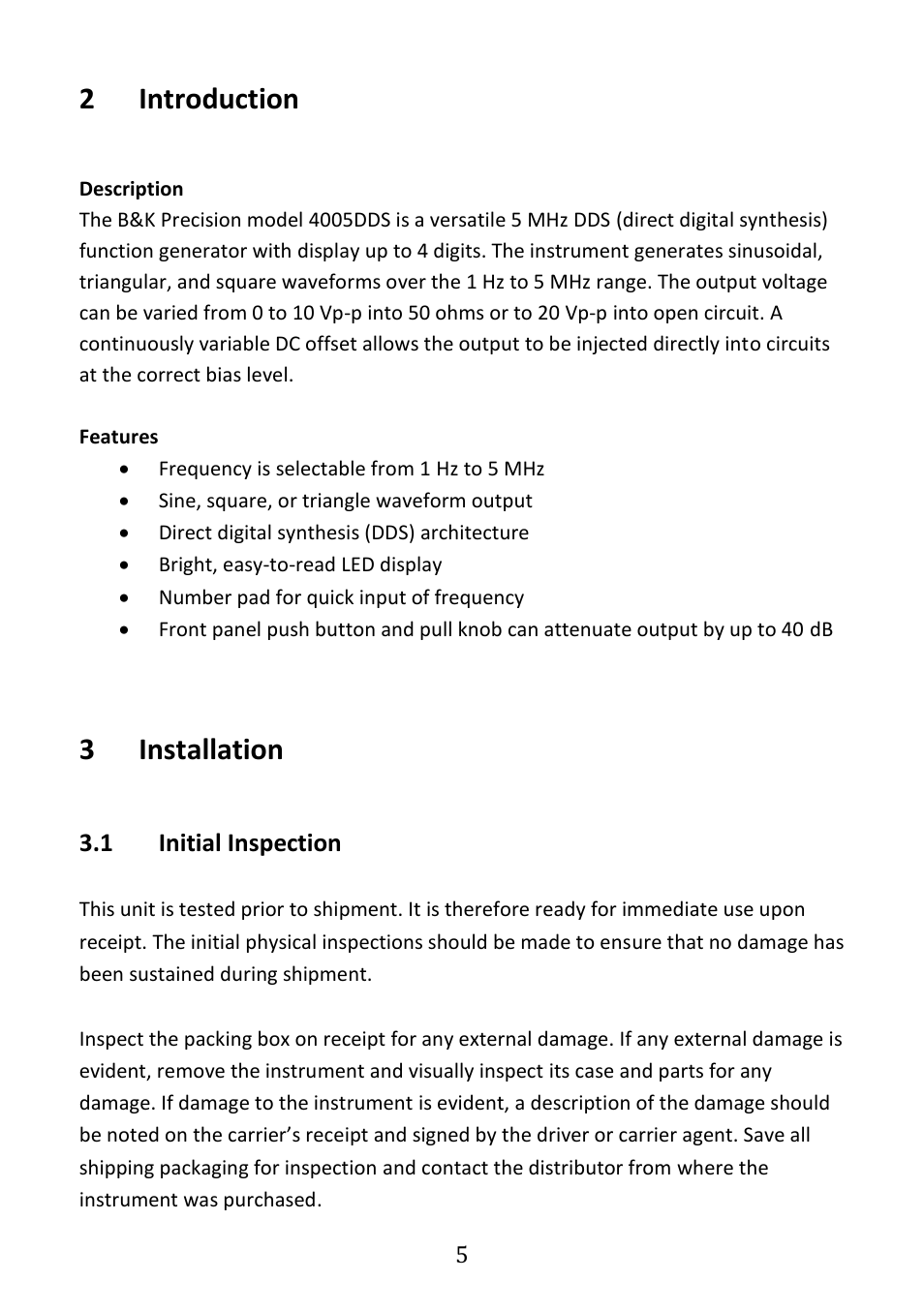 Introduction, Installation, Initial inspection | 2introduction, 3installation | B&K Precision 4005DDS - Manual User Manual | Page 7 / 21