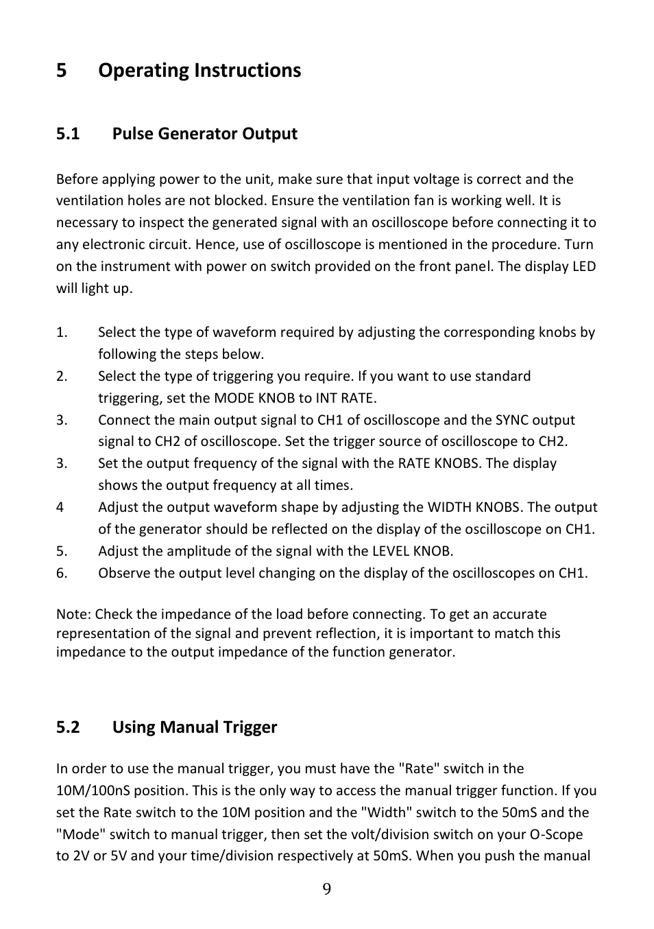 Operating instructions, Pulse generator output, Using manual trigger | 5operating instructions, 1 pulse generator output, 2 using manual trigger | B&K Precision 4030 - Manual User Manual | Page 11 / 21