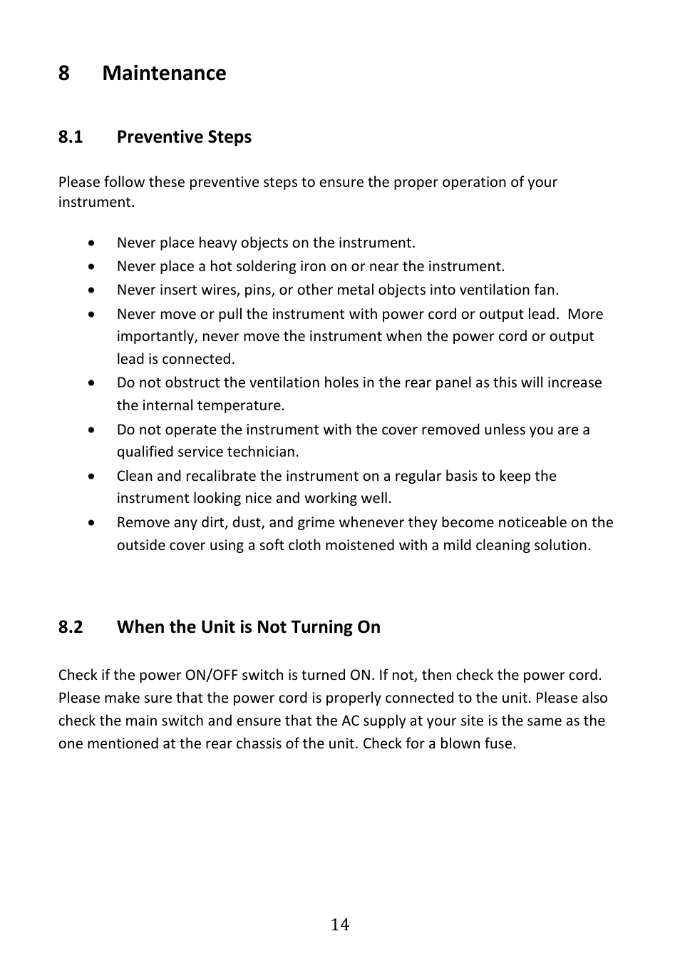 Maintenance, Preventive steps, When the unit is not turning on | 8maintenance, 1 preventive steps, 2 when the unit is not turning on | B&K Precision 4030 - Manual User Manual | Page 16 / 21