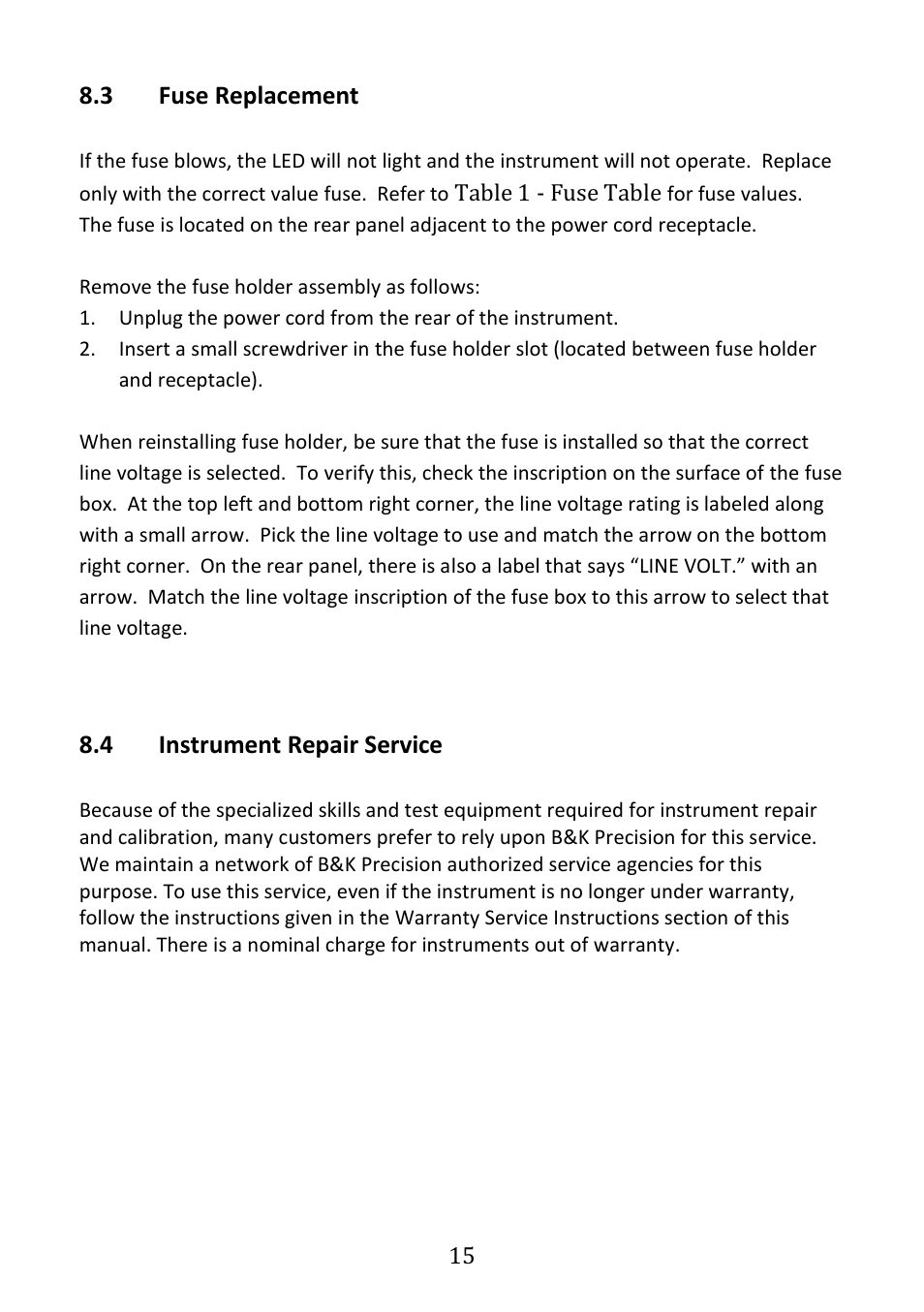 Fuse replacement, Instrument repair service | B&K Precision 4030 - Manual User Manual | Page 17 / 21